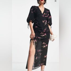 AllSaints Safiya ruched split midi dress in black floral